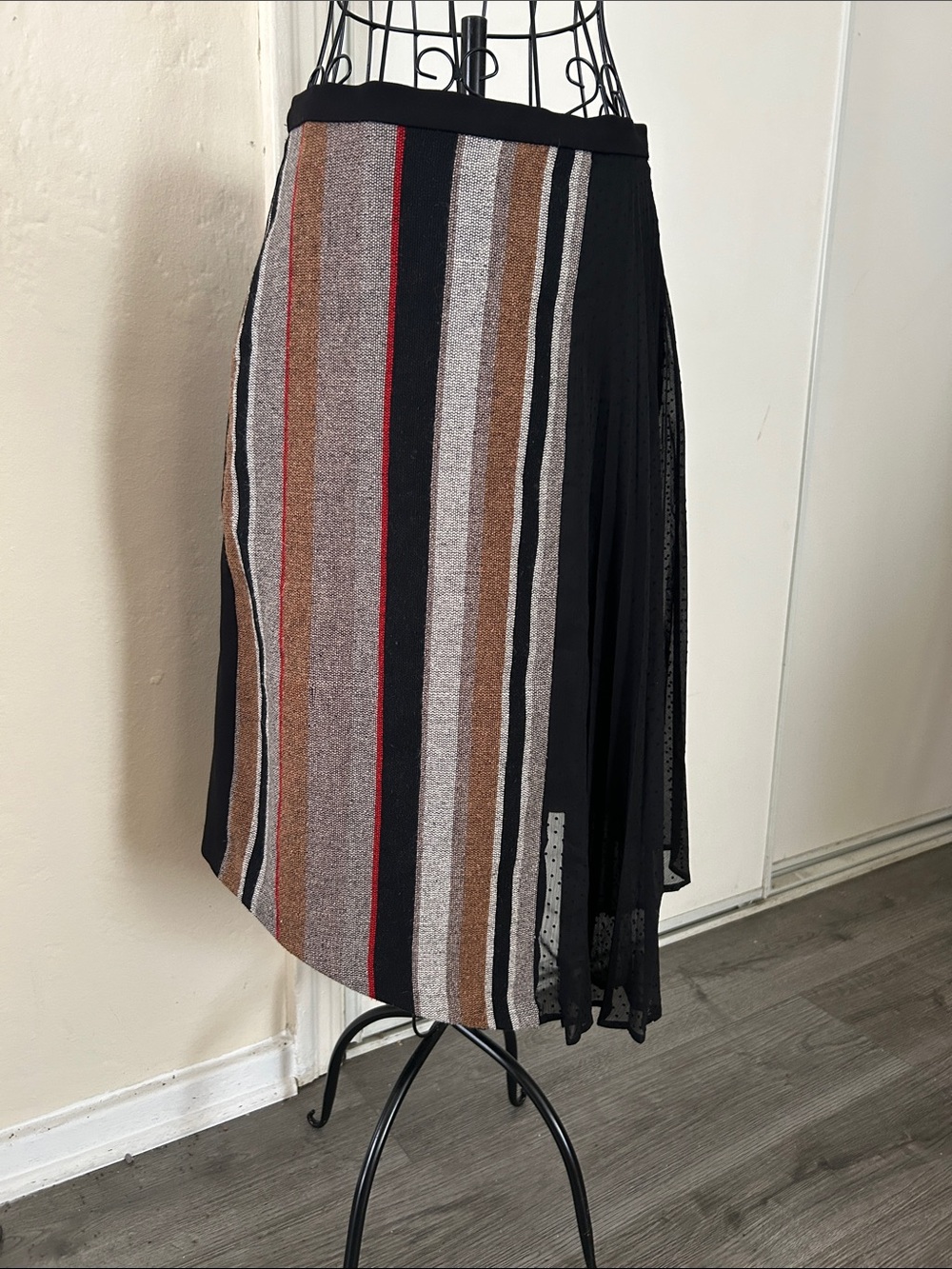 Eva Franco Black and Multicolor Striped Asymmetrical Midi Skirt